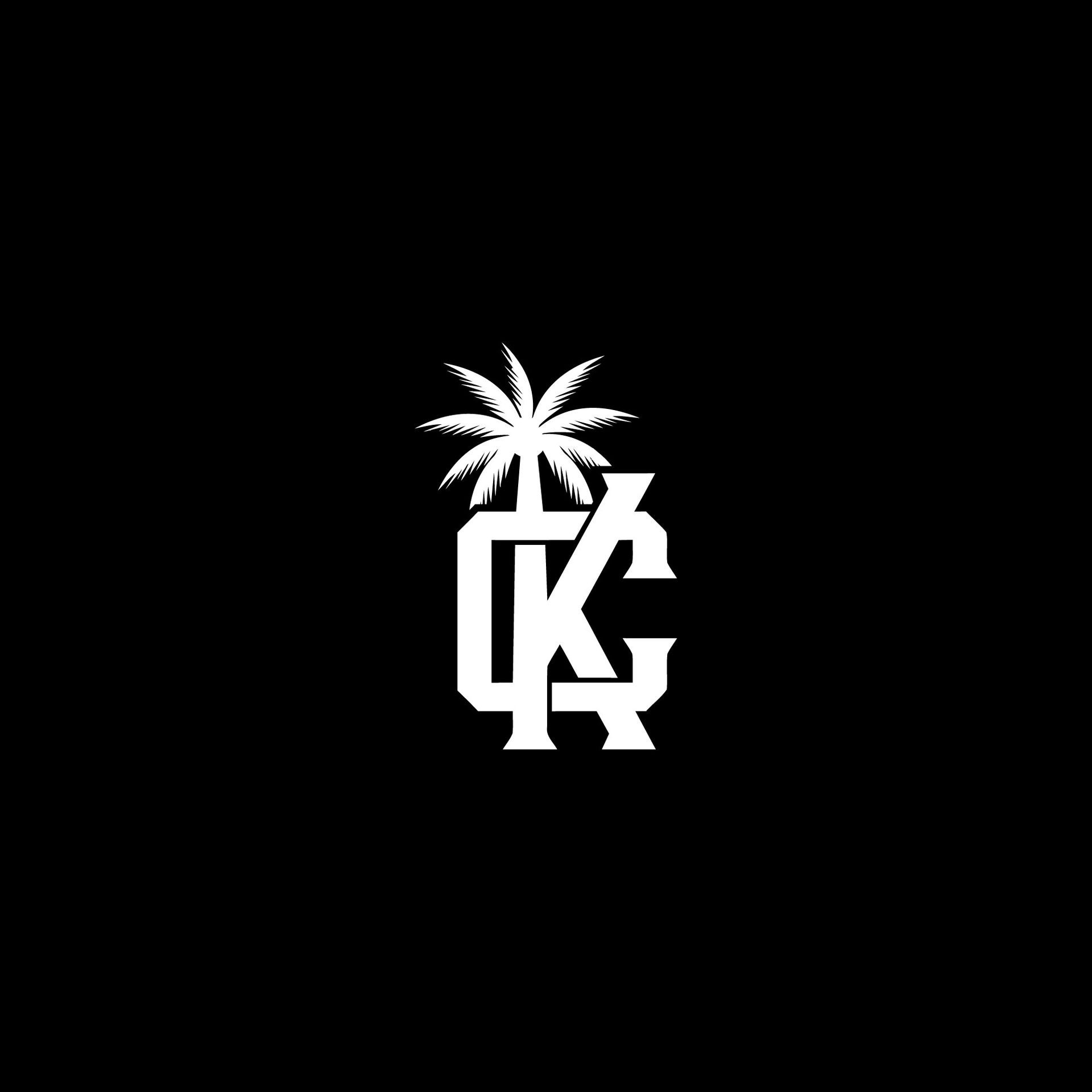 White logo featuring a palm tree and stylized intertwining letters on a black background.