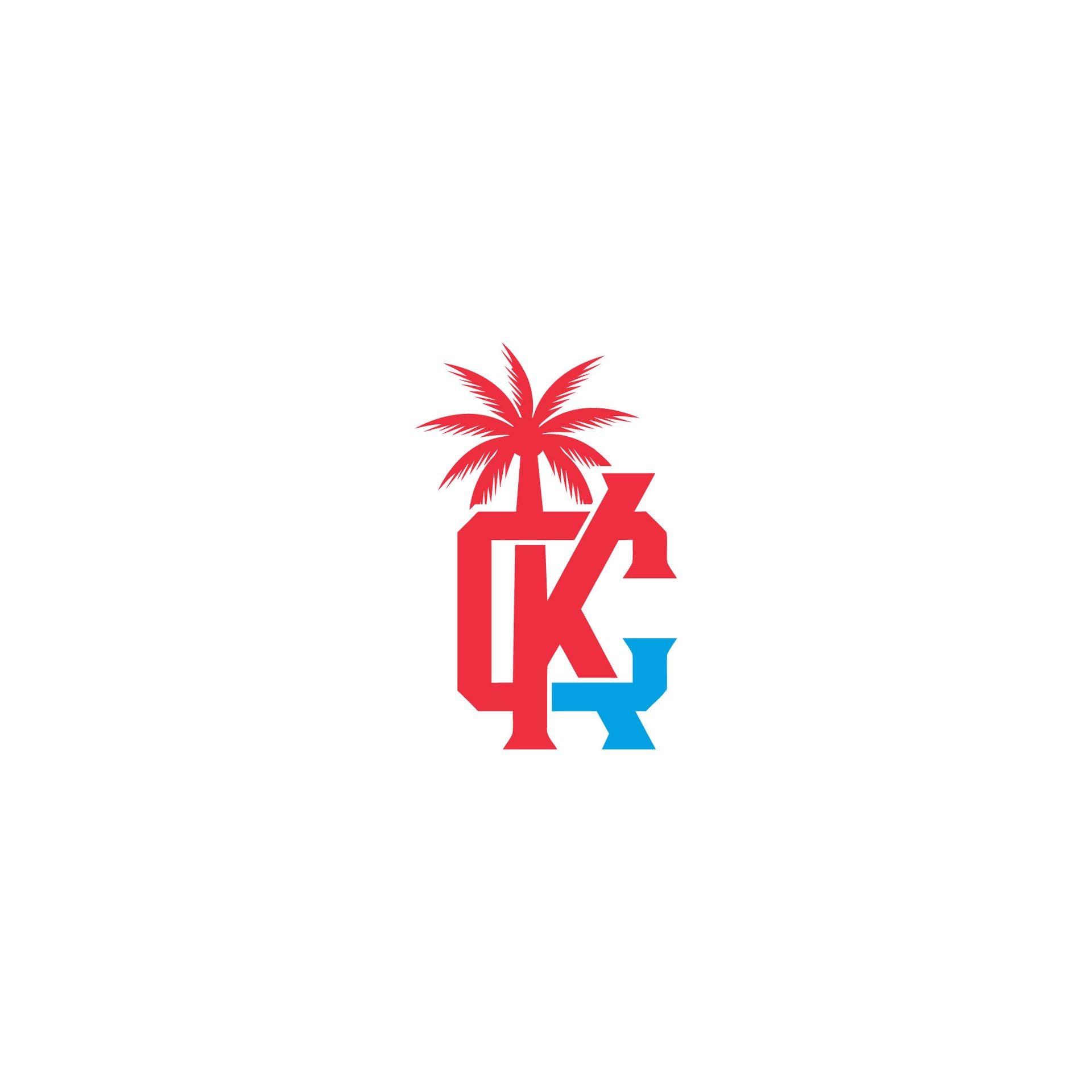 Red and blue CK logo with a palm tree on a white background.